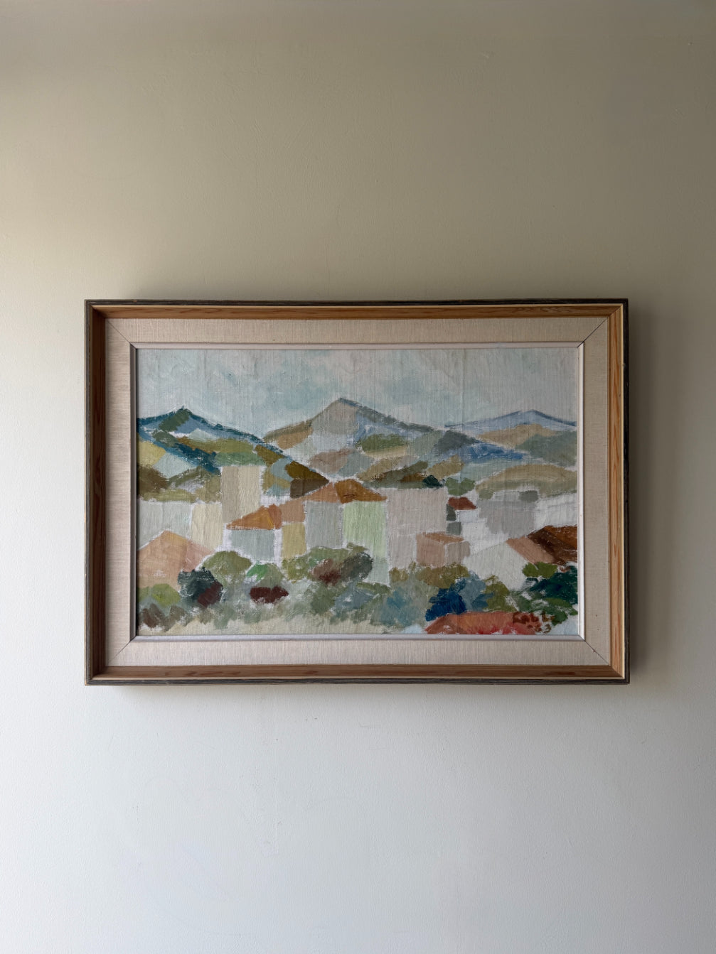Framed vintage oil painting of a landscape painted with blocks of colour in a modernist style. Available at Hue. 