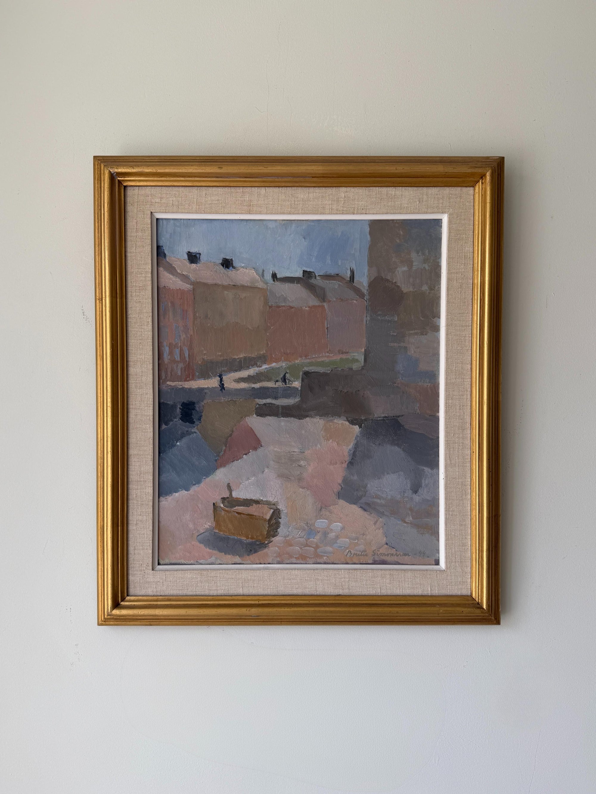 Framed vintage oil painting of a landscape with houses. Available at Hue. 