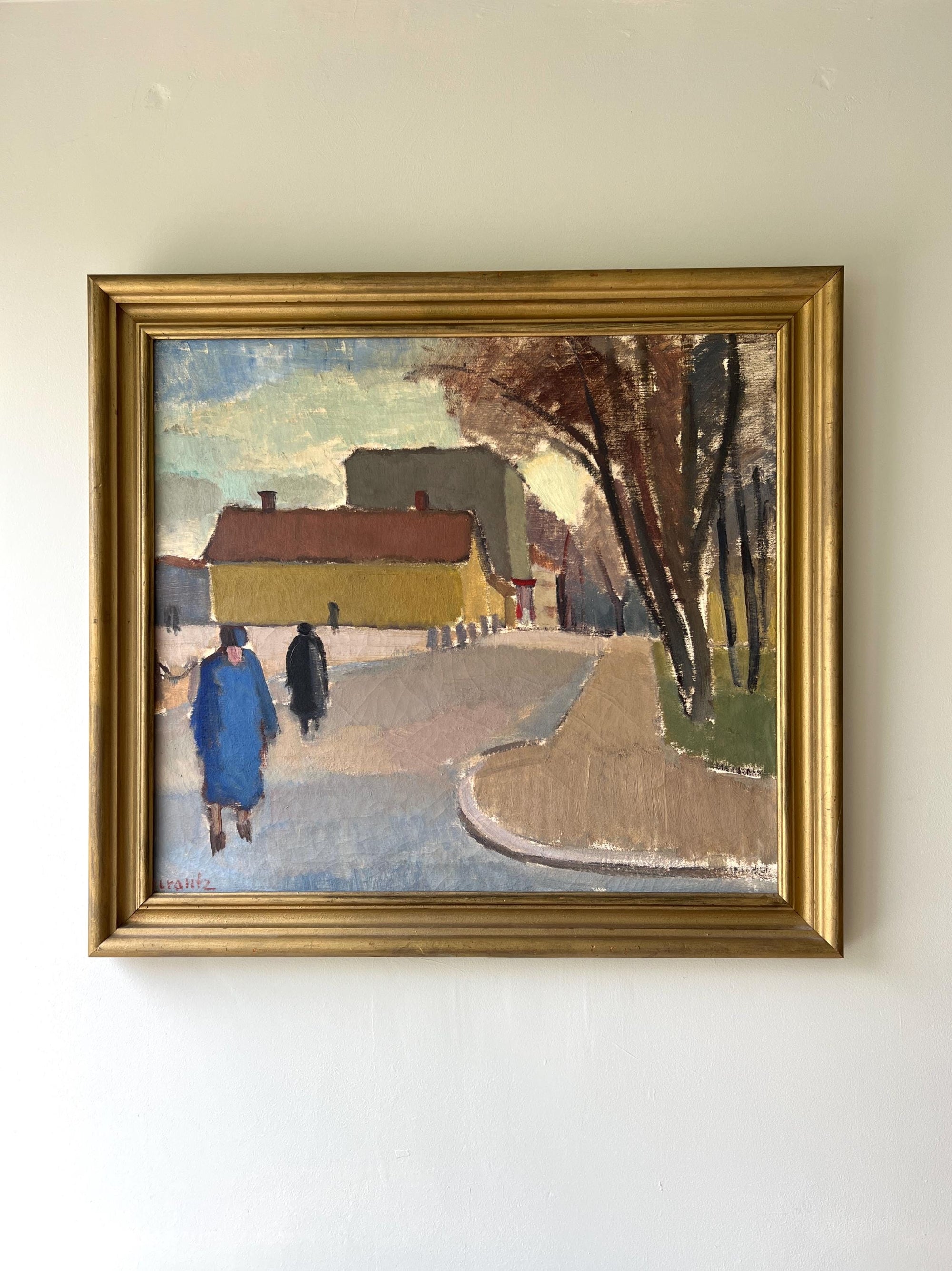 Framed vintage oil painting of a landscape with figures and buildings in a vintage gilt frame, available at Hue. 