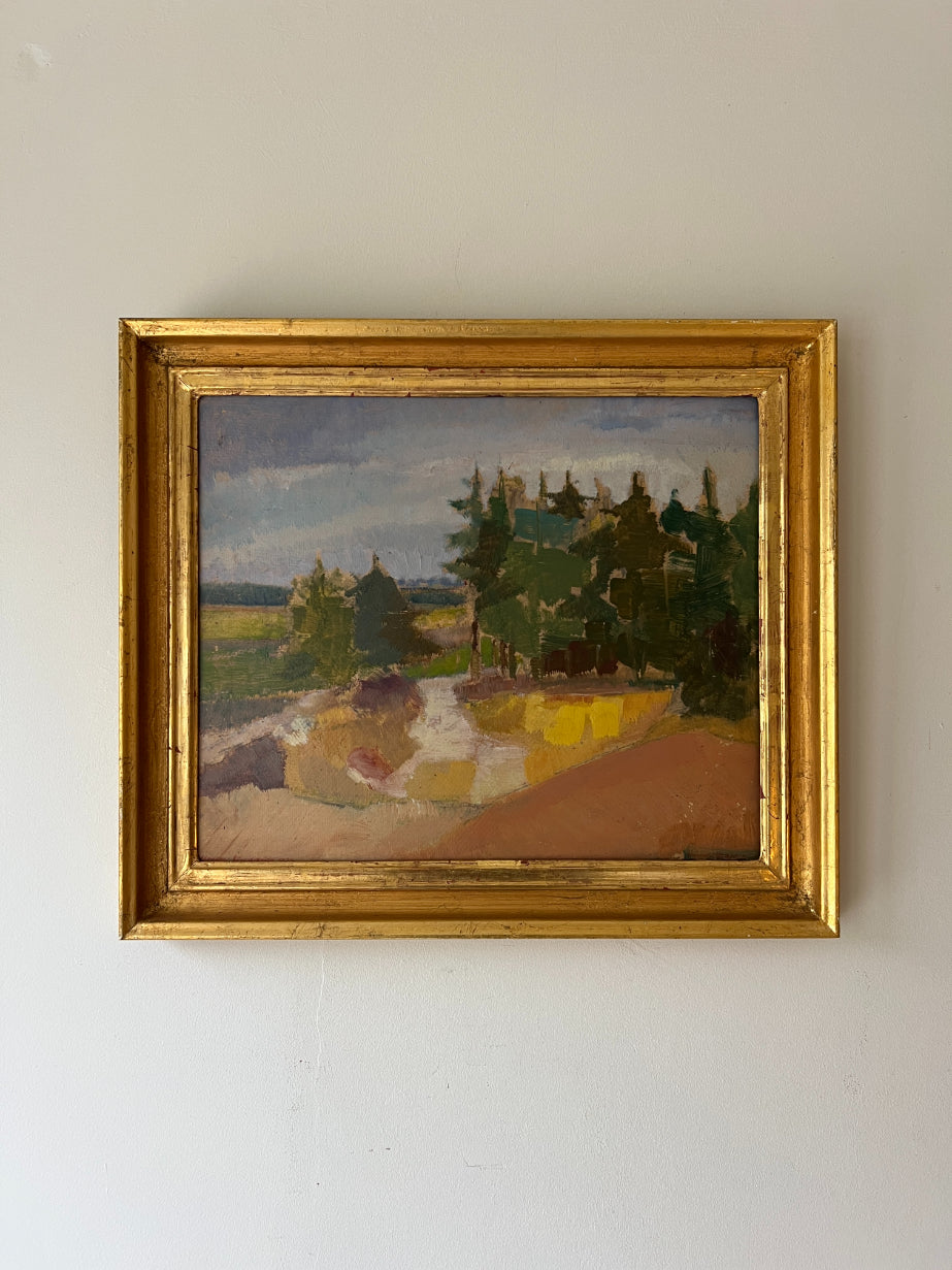 Framed vintage oil painting of a landscape with trees. Available at Hue. 