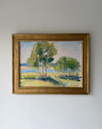Framed vintage oil painting of birch trees by a lake. Available at Hue.