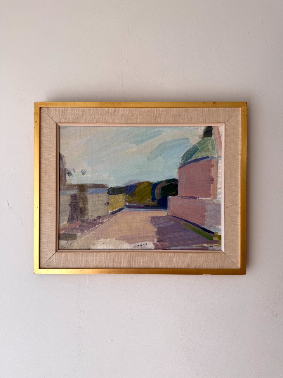 Framed vintage oil painting of a street scene. Available at Hue. 