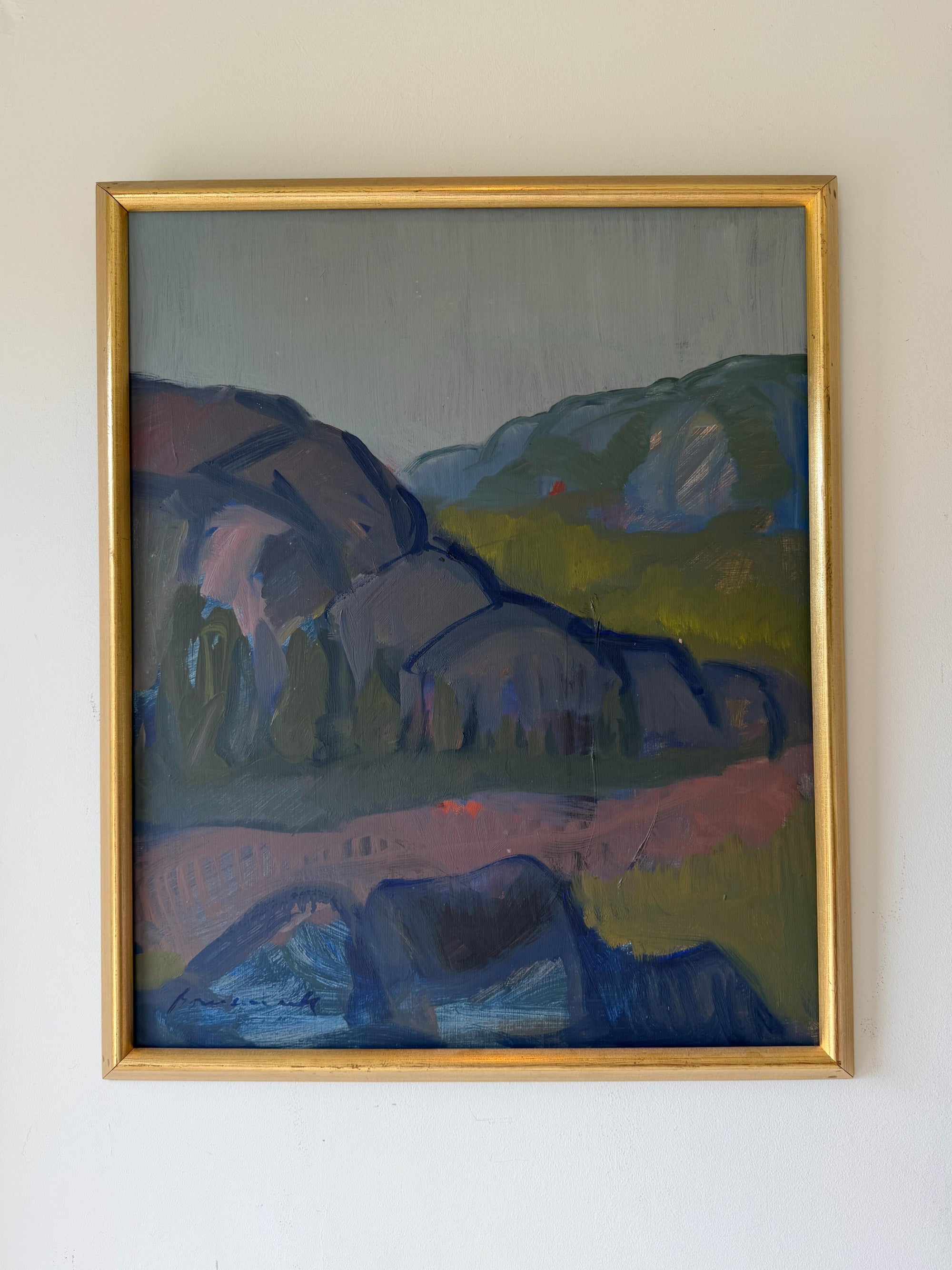 Framed vintage landscape oil painting of mountains. Available at Hue. 