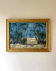 Framed vintage oil painting of a tropical landscape with palm trees, available at Hue.