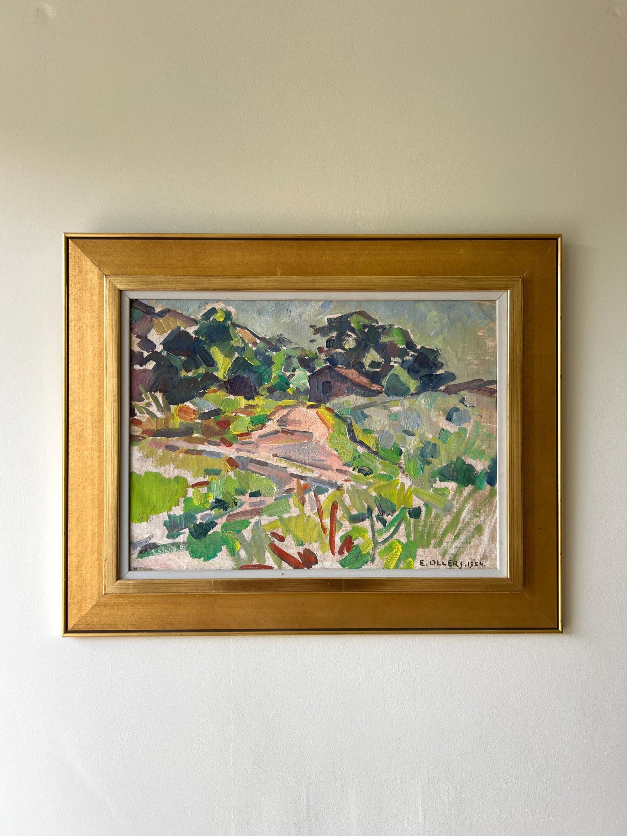 Framed vintage oil painting of a landscape in a gilt frame, available at Hue.
