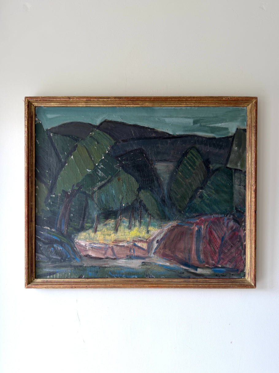 Framed vintage oil painting of a landscape with trees and mountains in deep greens and teal. Available at Hue. 