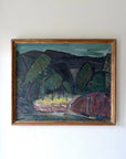 Framed vintage oil painting of a landscape with trees and mountains in deep greens and teal. Available at Hue. 