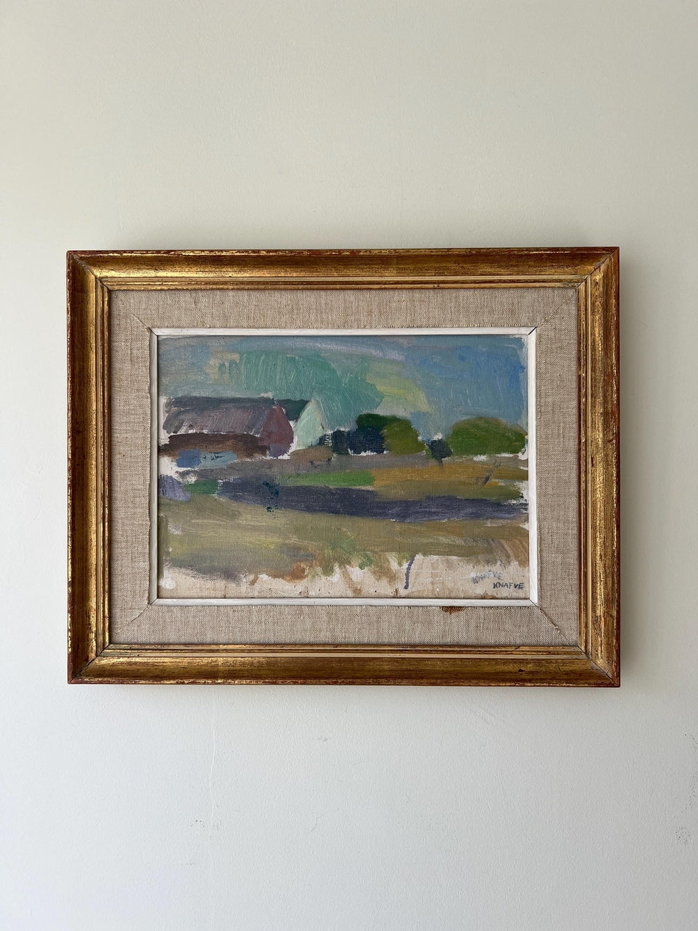 Framed vintage oil painting of a landscape with a farmhouse in a gilt vintage frame, available at hue.
