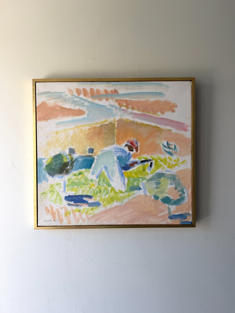 Framed vintage oil painting of a landscape with a person gardening. Available at Hue. 