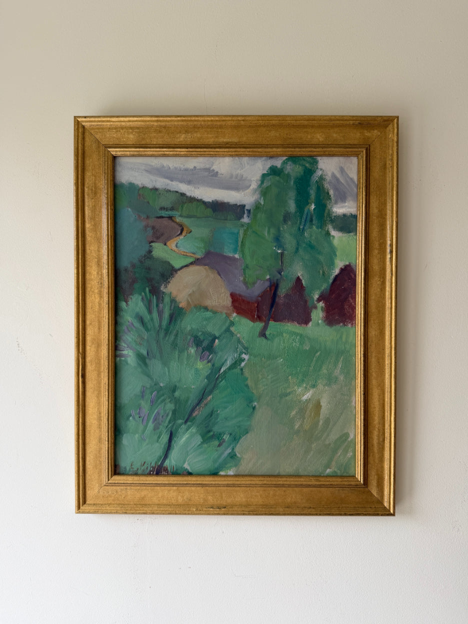 Framed vinatge oil painting of a landscape with greenery and barns. Available at Hue.