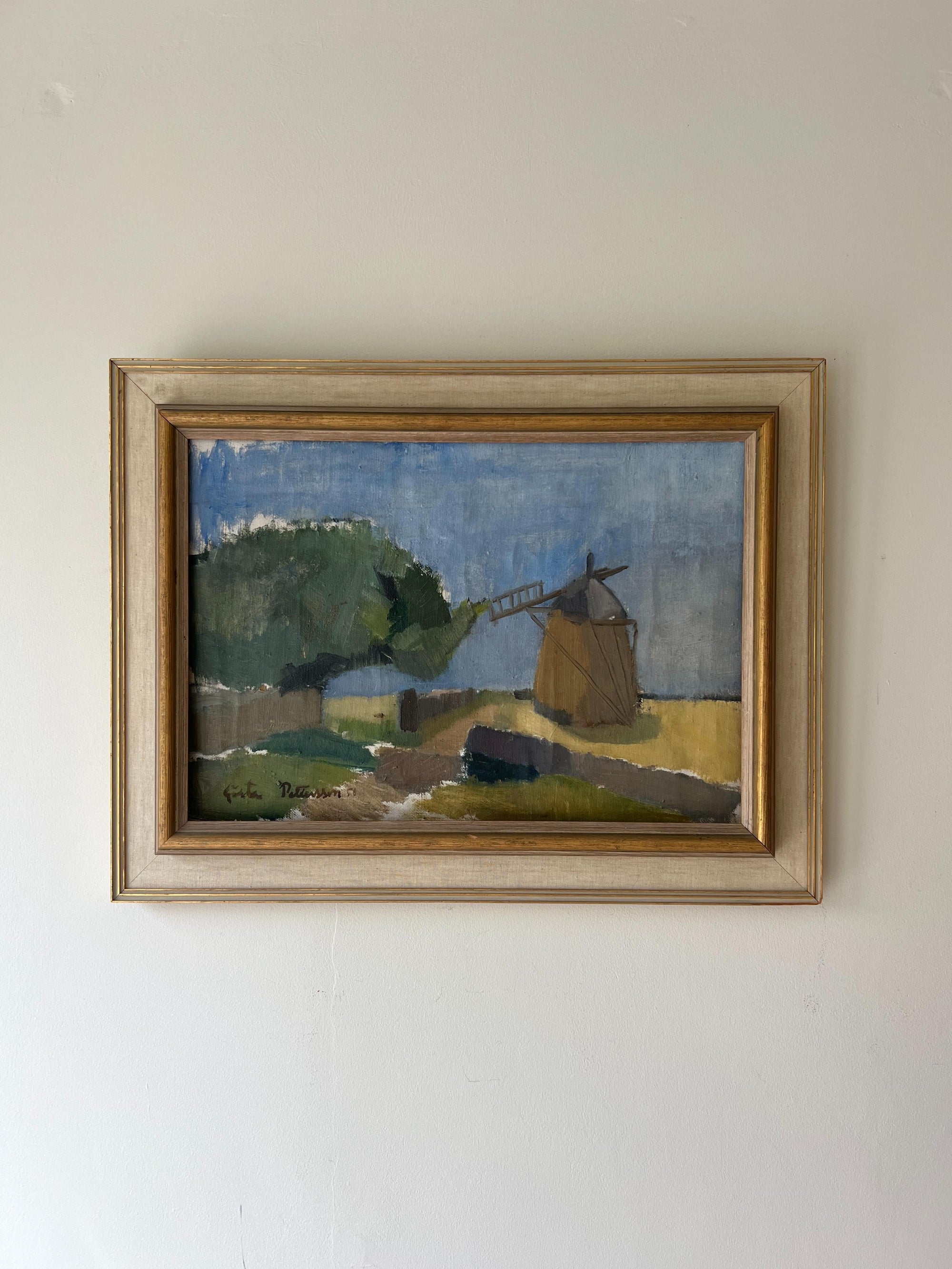 Framed vintage oil painting of a windmill painted in impressionistic style, available at Hue. 