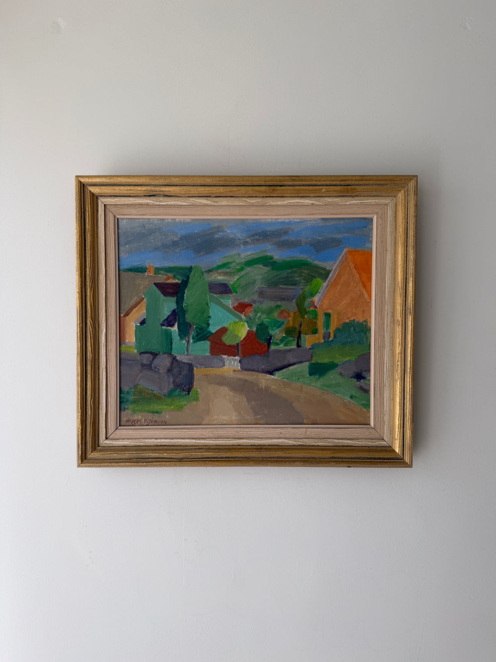 Framed vinatge oil painting of a landscape with houses and trees. Available at Hue. 