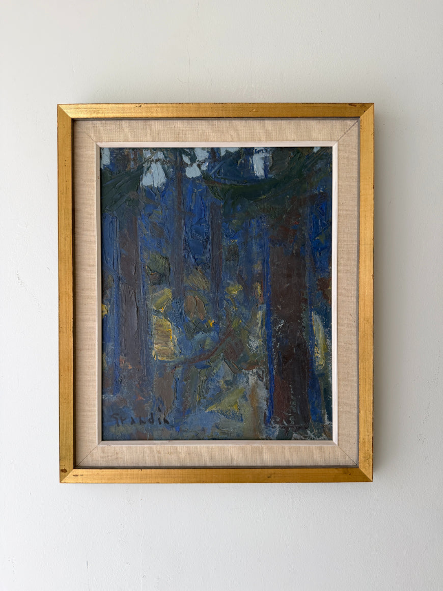 Framed vintage oil painting of a forest scene. Available at Hue.