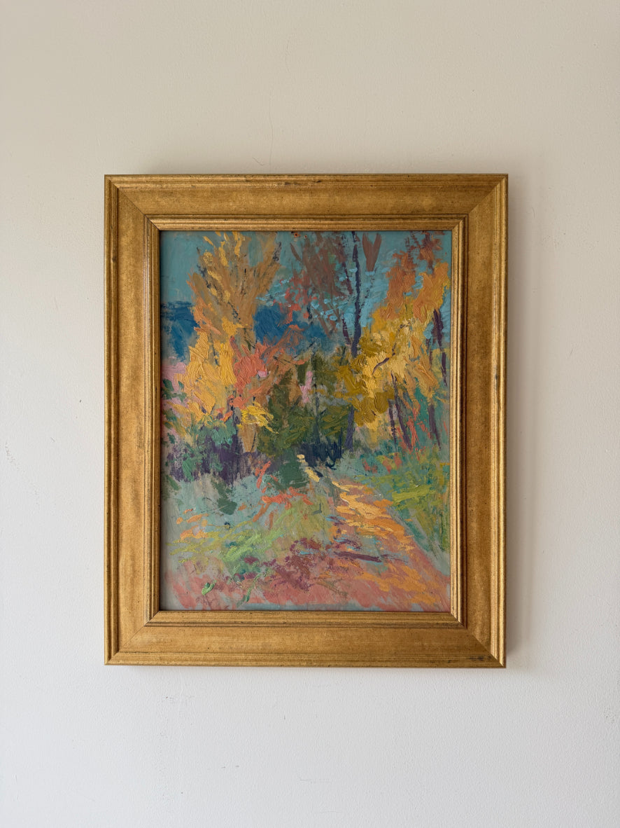 Framed vintage oil painting of an autumnal woodland scene. Available at Hue. 