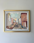 Framed vinatge oil painting of a street scene in pastel colours. Available at Hue. 