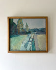 Framed vintage oil painting of an impressionist landscape in blues and greens. Available at Hue.