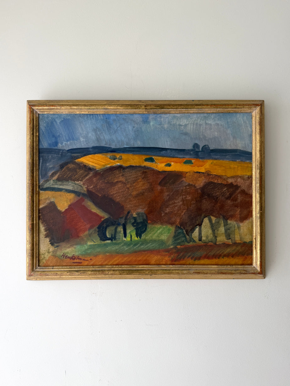 Framed vintage oil painting of a landscape with rich autumn colours. Available at Hue. 