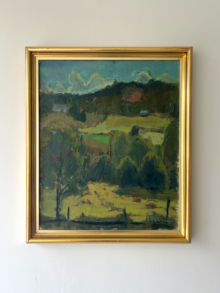 Framed vinatge landscape oil painting of summer fields and hills. Available at Hue. 