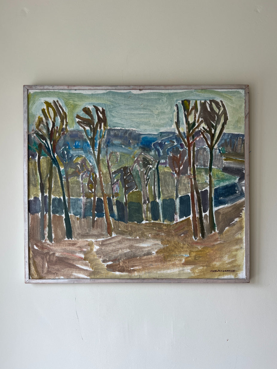 Framed vintage oil painting of a forest path with distant hills. Available at Hue.