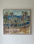 Framed vintage oil painting of a forest path with distant hills. Available at Hue.