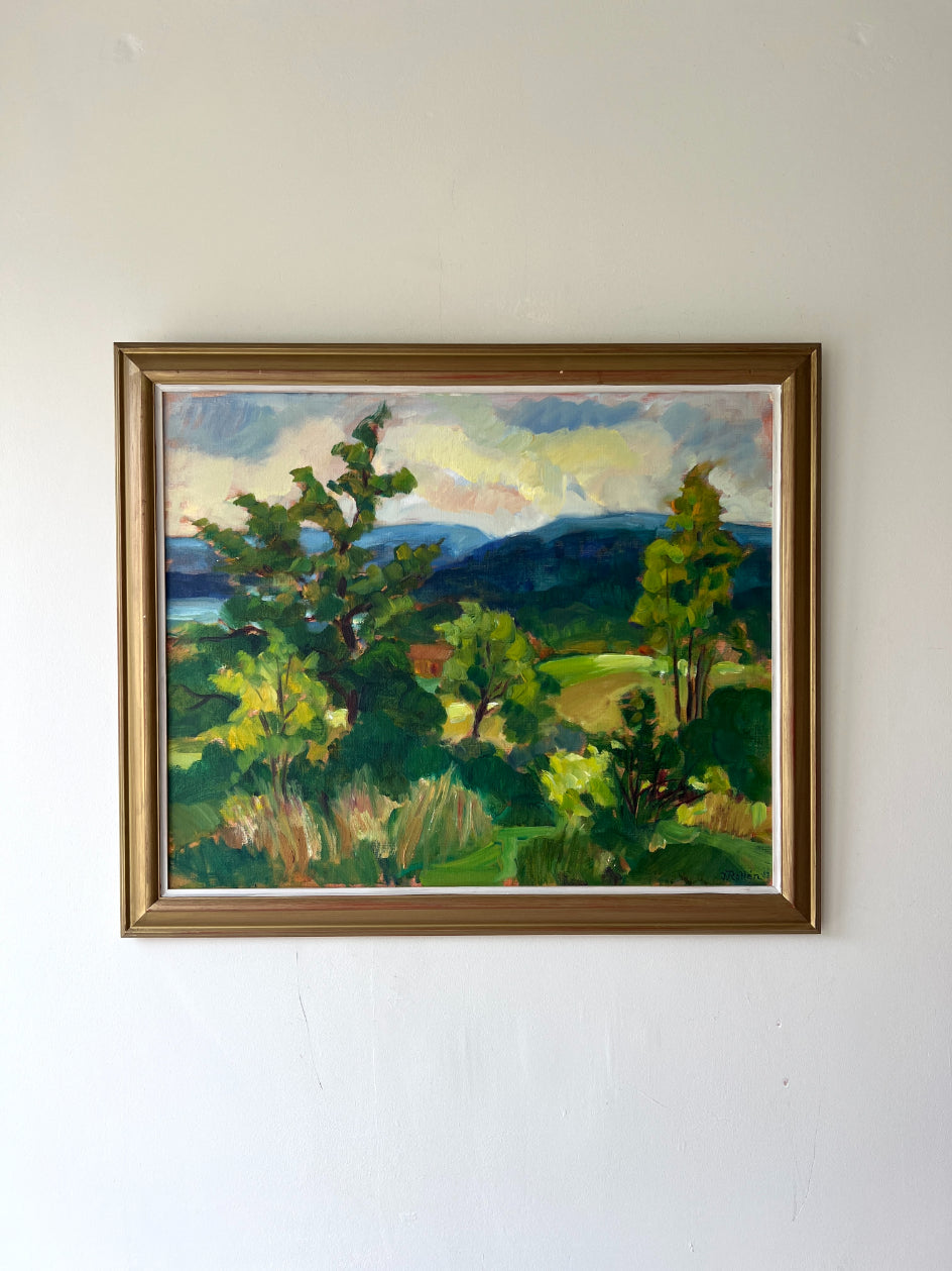 Large framed vinatge oil painting of a landscape with trees and mountains. Available at Hue. 