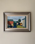 Framed vintage oil painting of a landscape with houses. Available at Hue. 