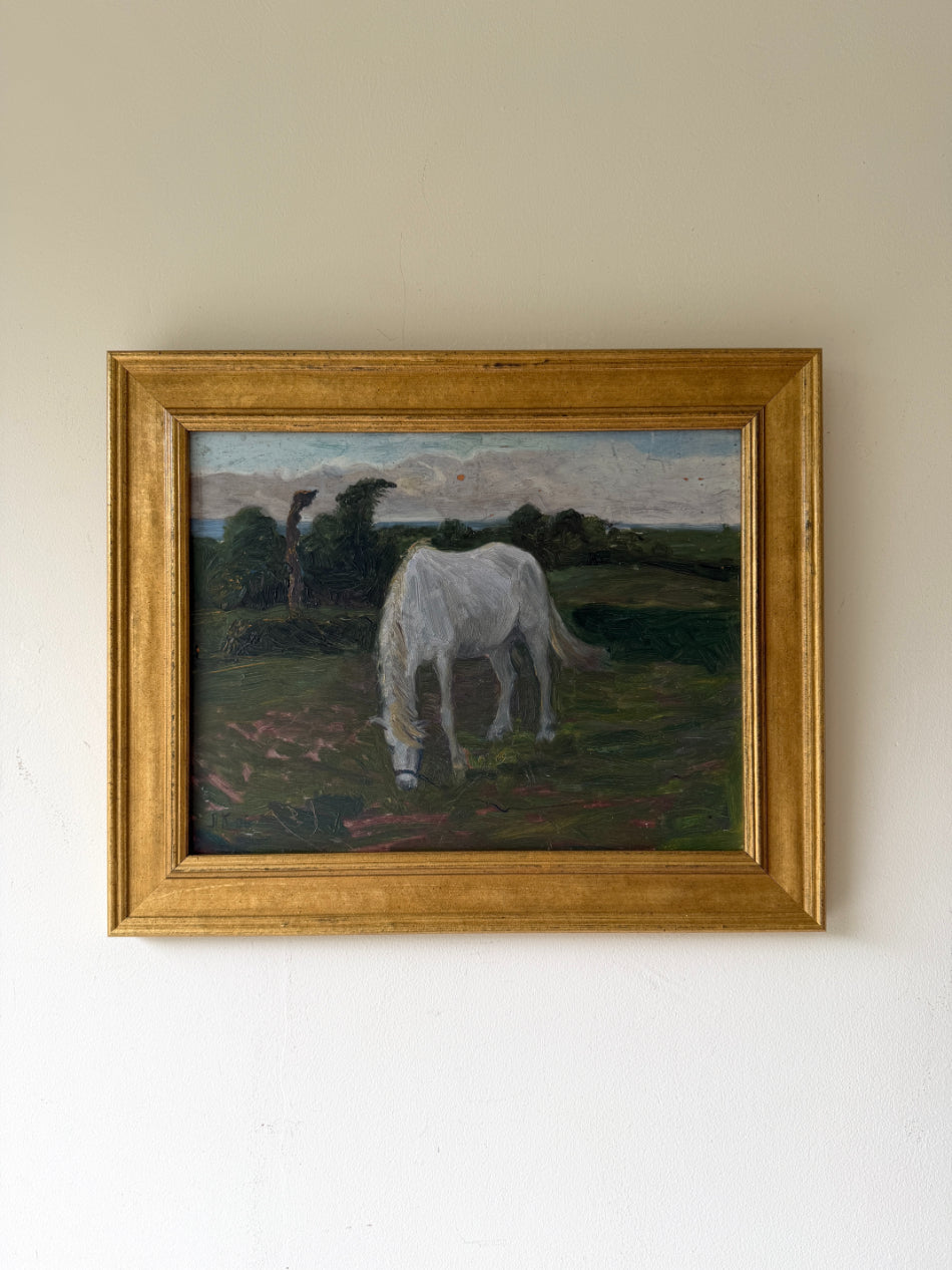 Framed vintage oil  painting of a horse in a landscape. Available at Hue. 