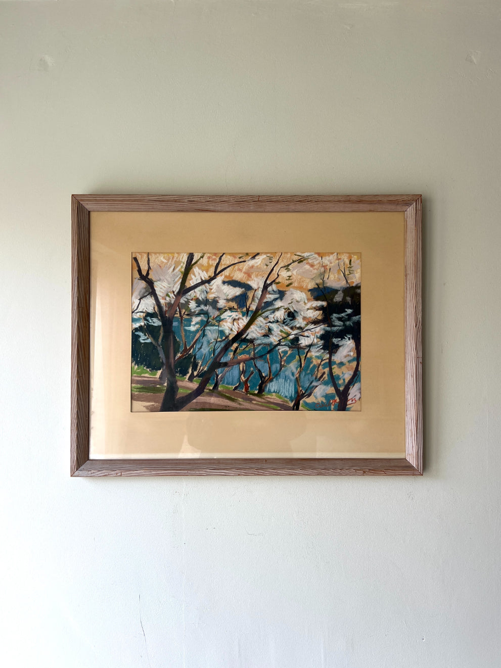 Framed vintage oil pastel drawing of winter trees. Available at Hue.