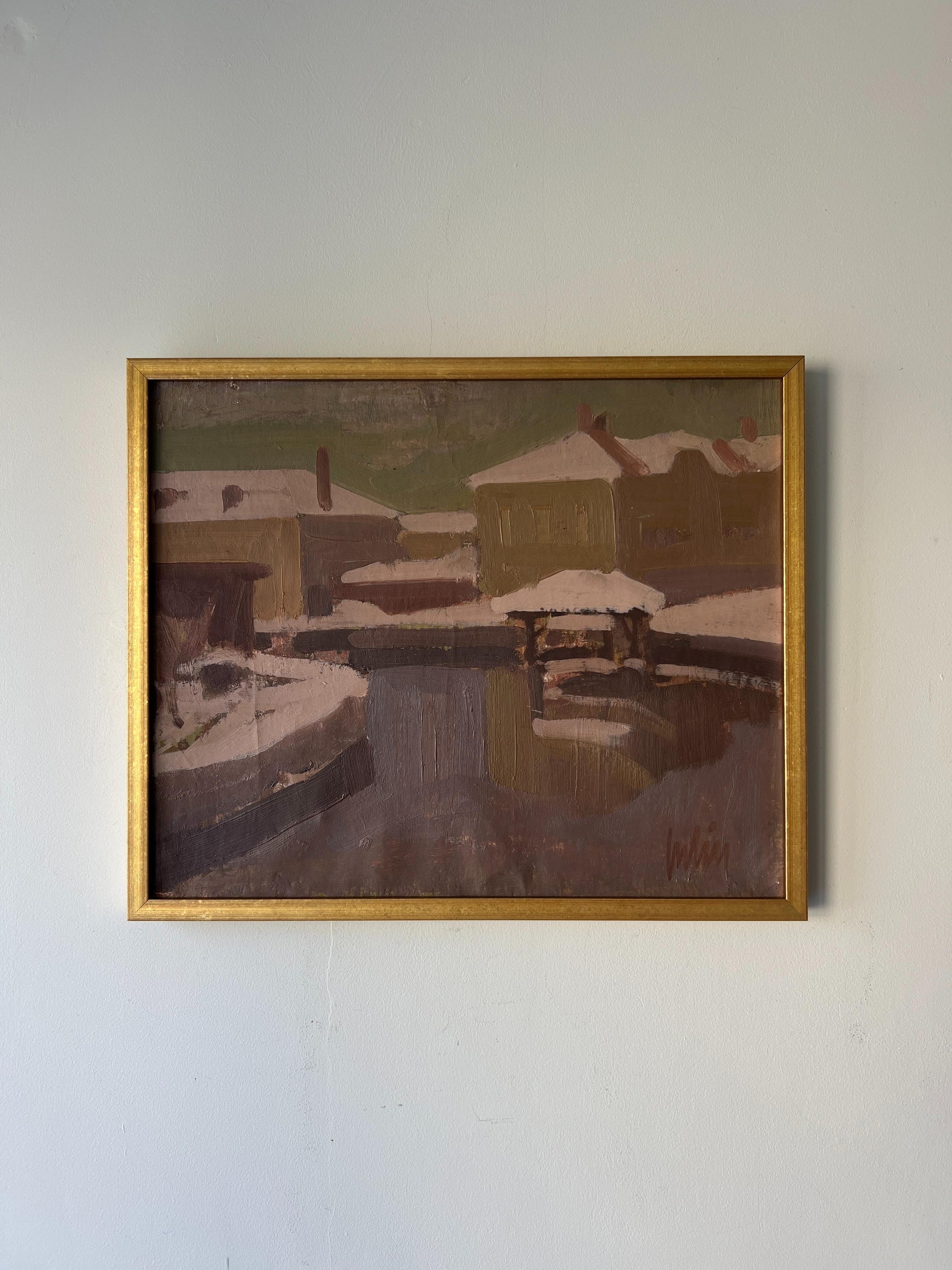 Framed vintage oil painting of a snowy Nordic harbour scene. Available at Hue. 