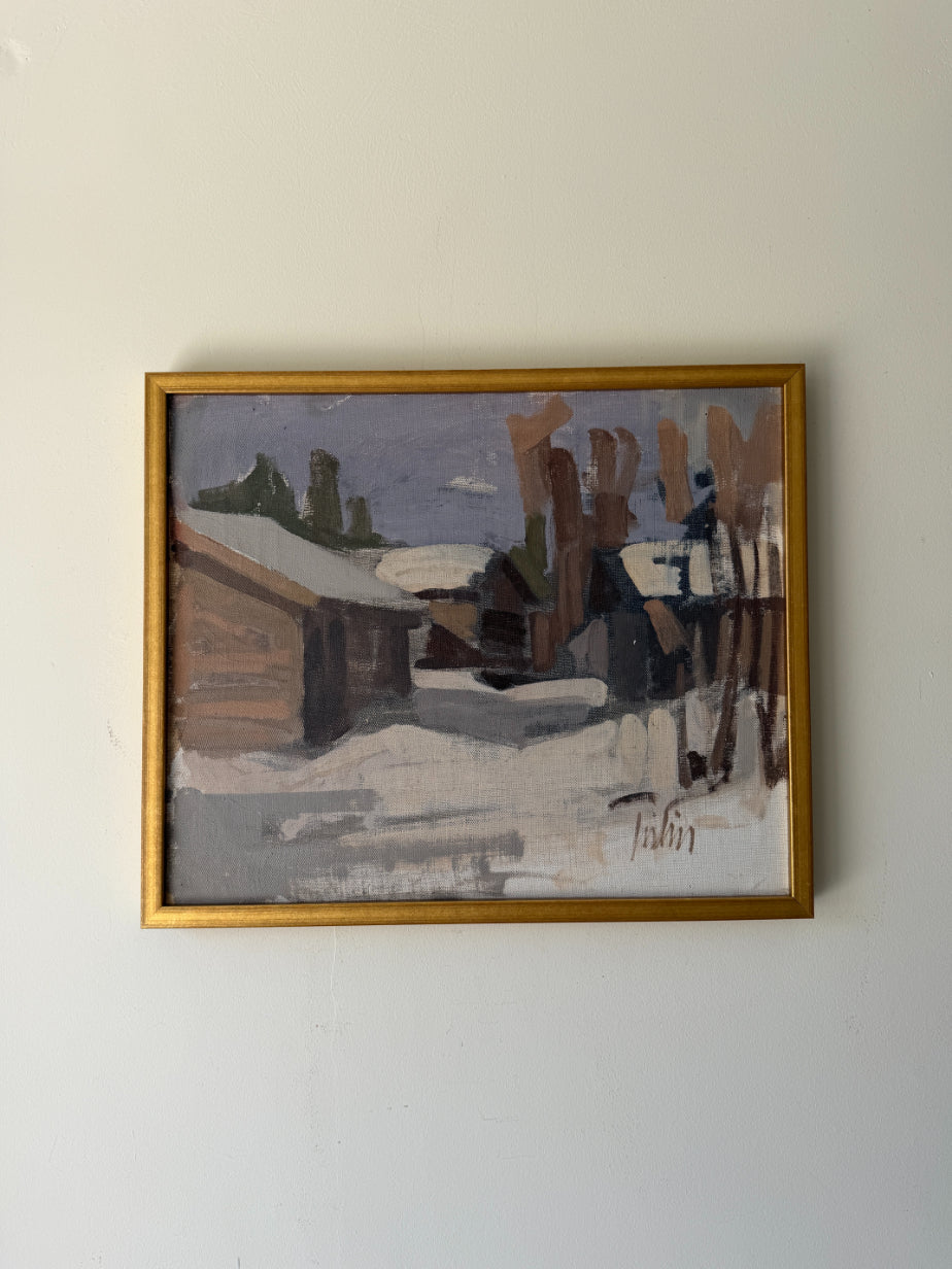 Framed vintage oil painting of Scandinavian farm cottages in the snow. Available at Hue.