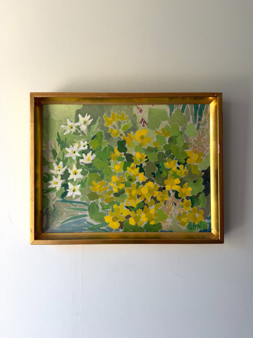 Framed vintage oil painting of yellow flowers. Available at Hue.