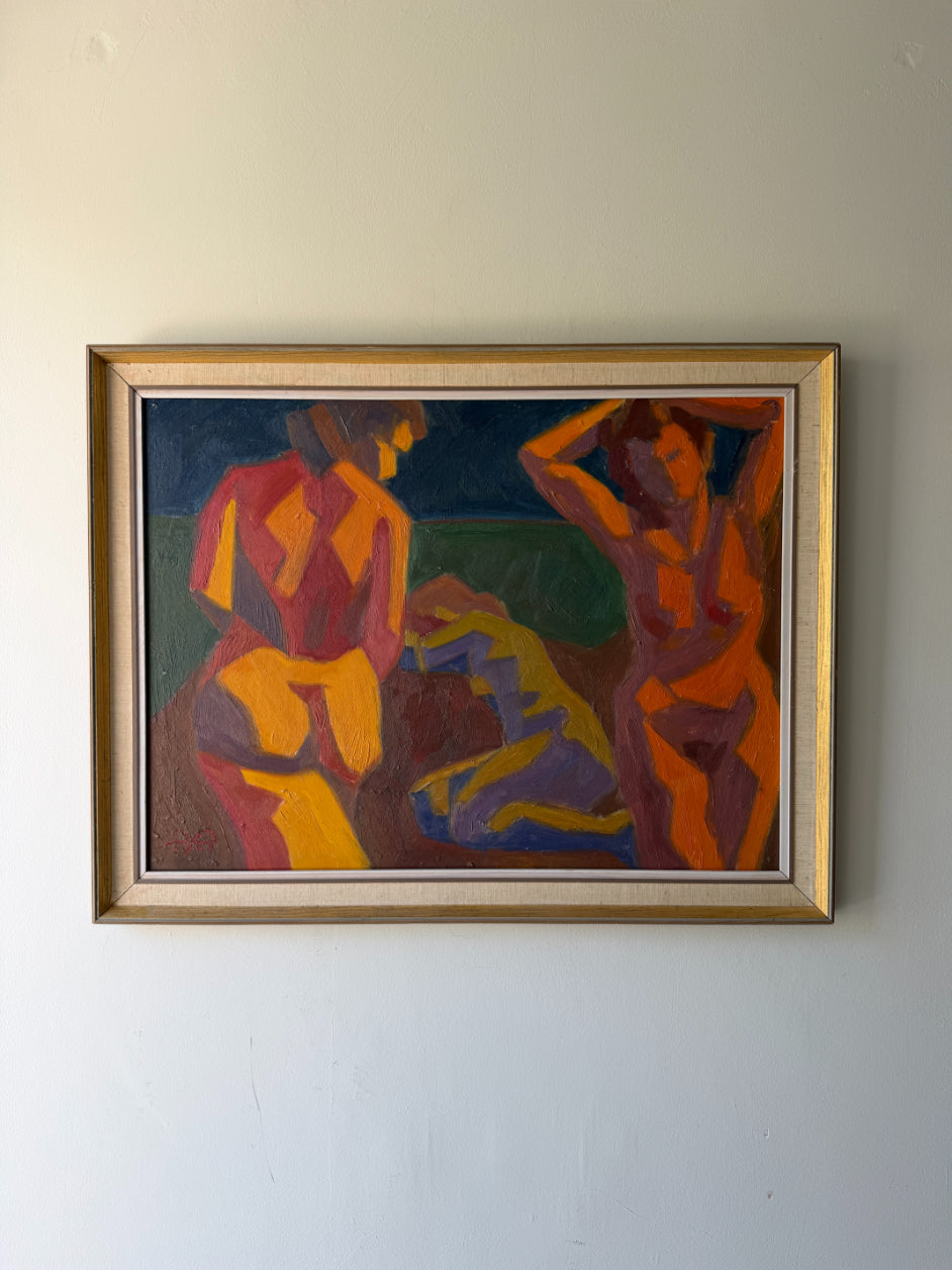 Framed vintage oil painting of three nude figures in rust colours. Available at Hue. 