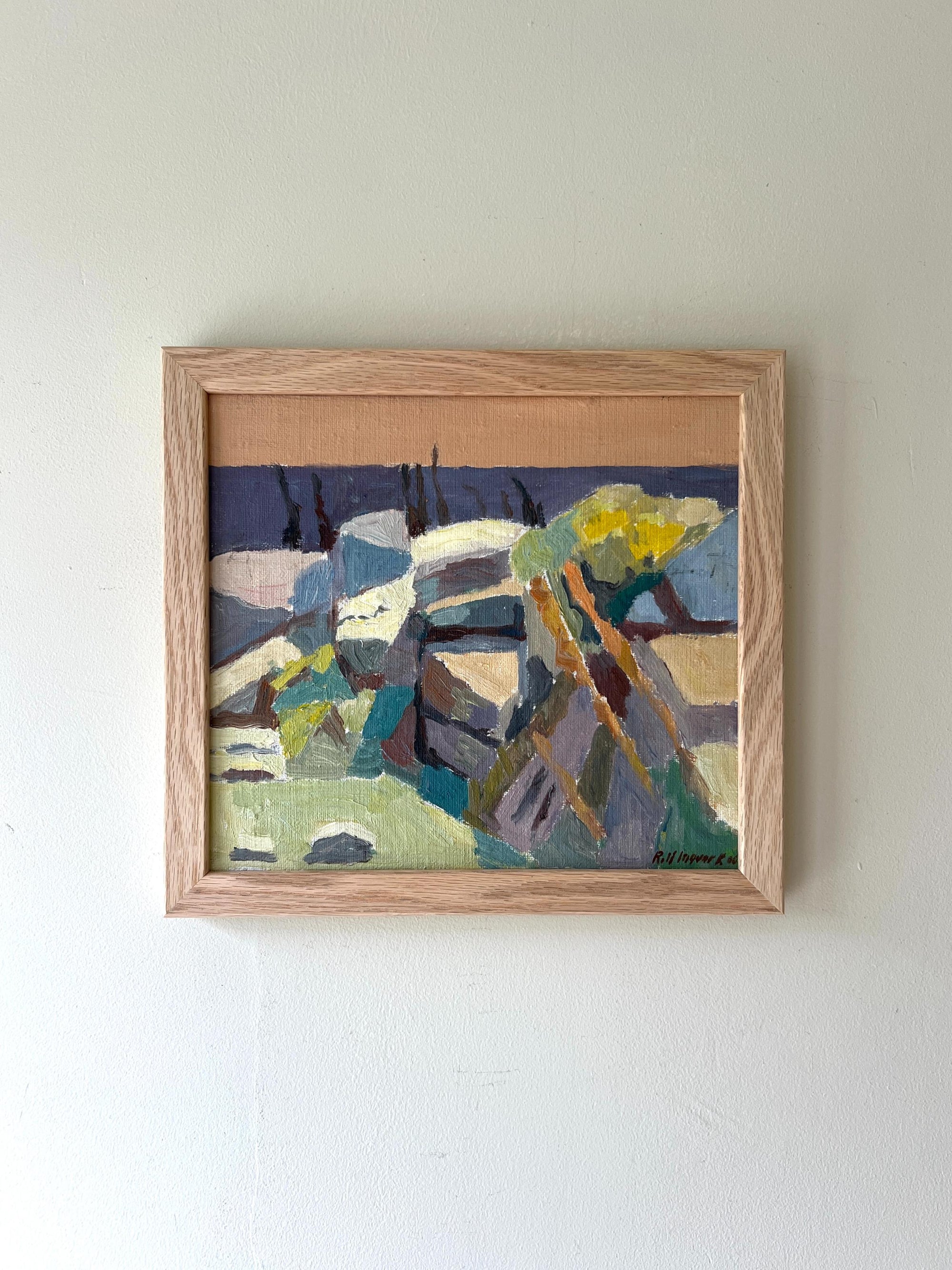 Framed vintage abstract painting of a rocky coast, available at Hue.