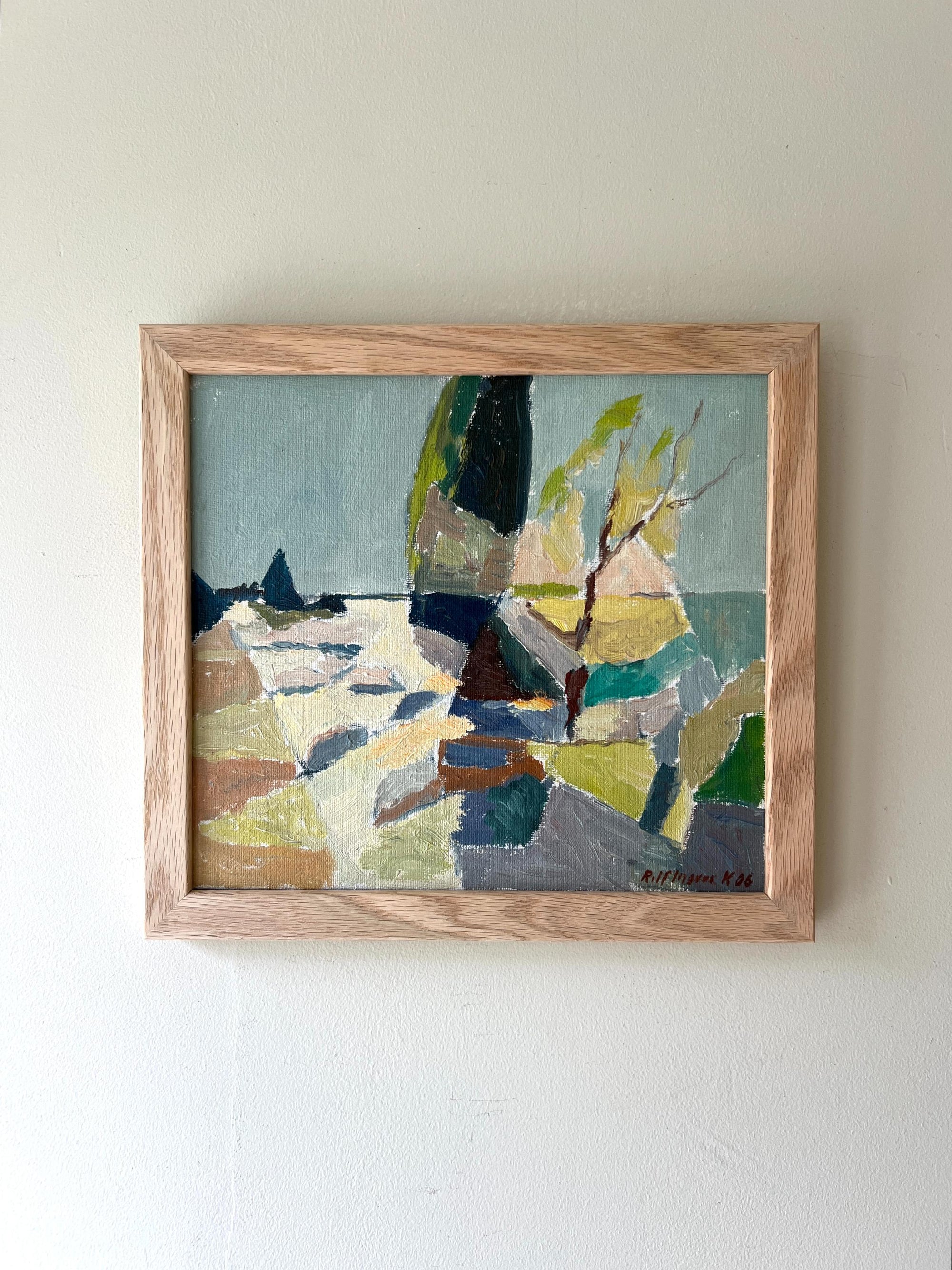Framed vintage abstract painting of a coastal scene with geometric shapes, available at hue.
