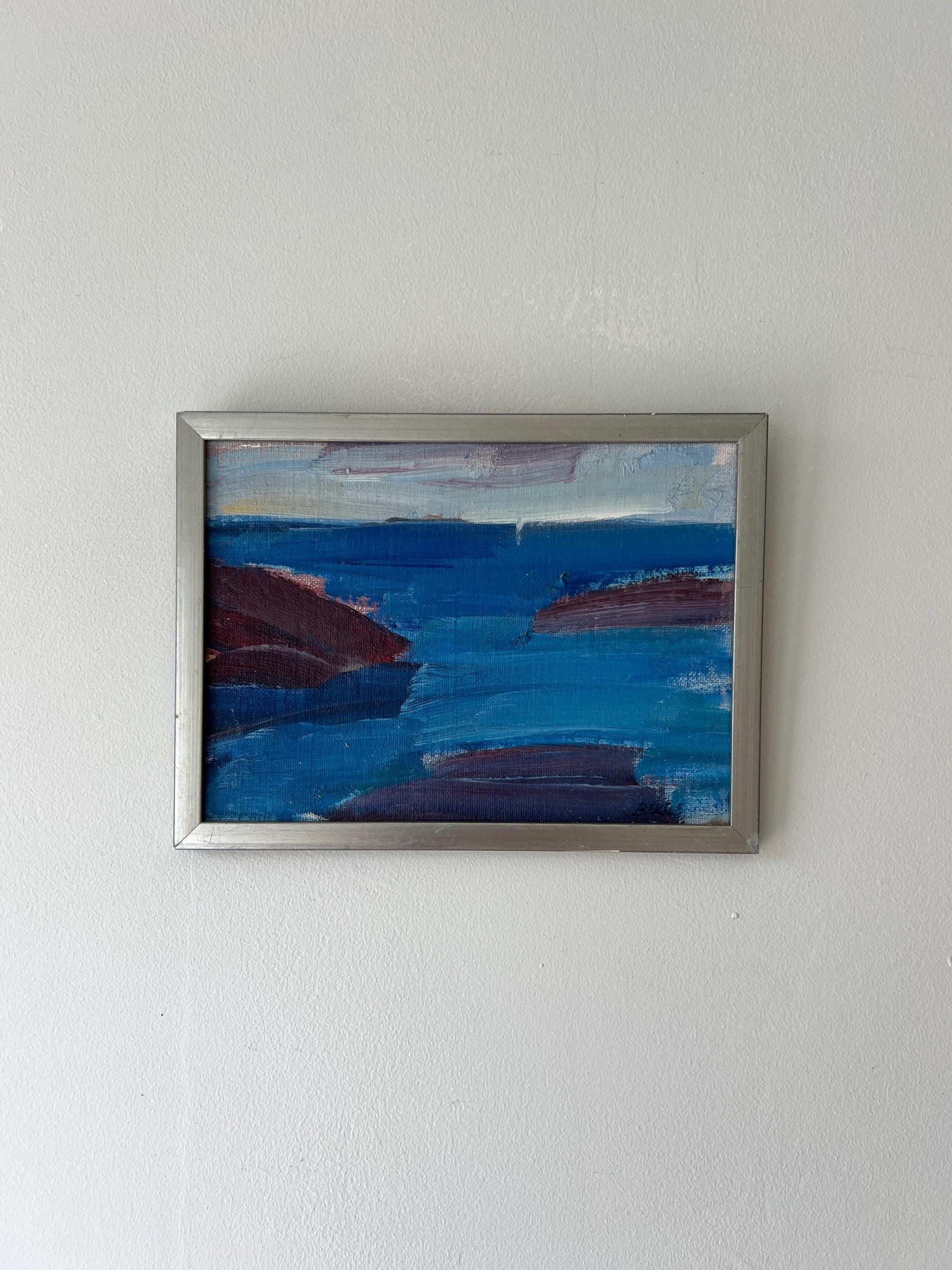 Framed vintage oil abstract painting of a coastal scene in vintage silver frame, available at Hue.