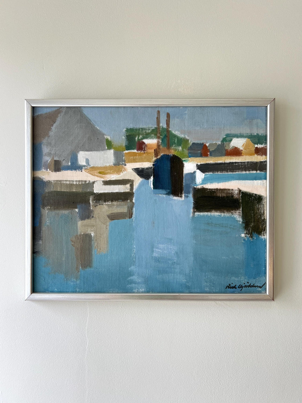 Framed vintage oil  painting of a harbour scene with boats, available at Hue