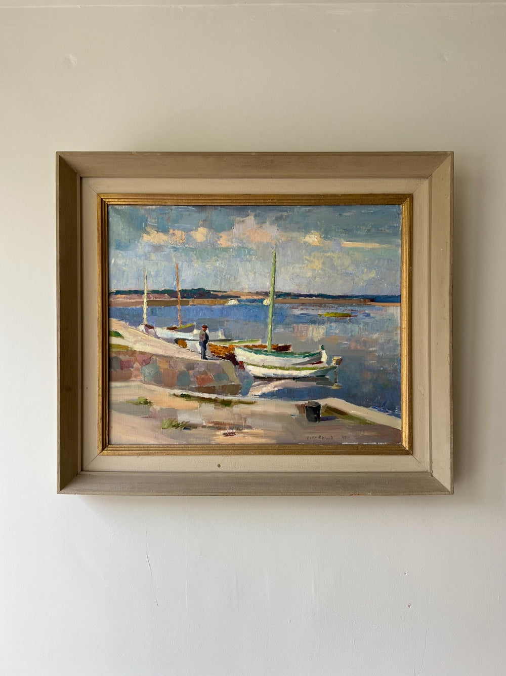 Framed painting of a harbour seascape in a vintage frame, available from hue