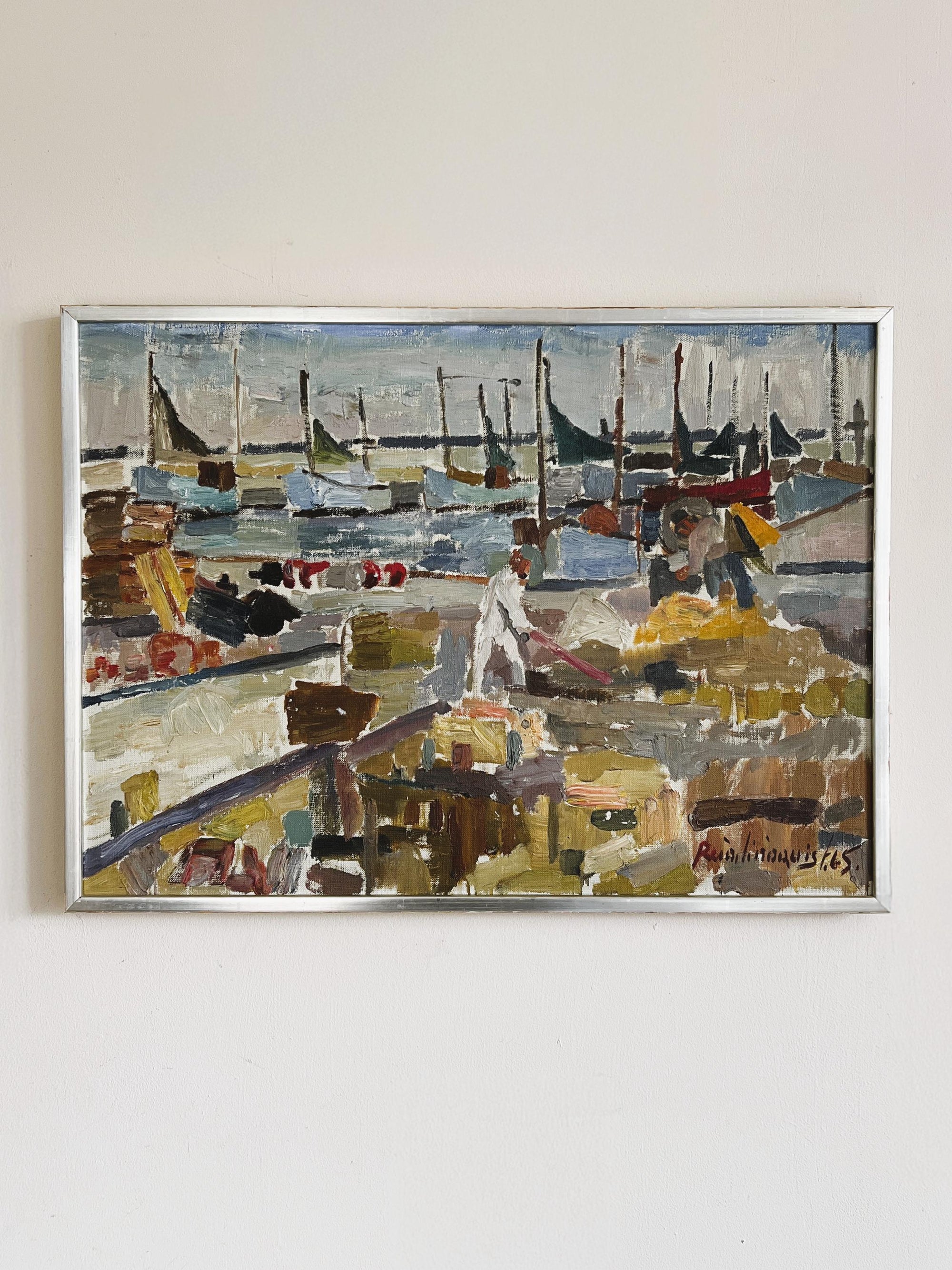 Framed vintage oil painting of a harbour scene with boats, available at Hue