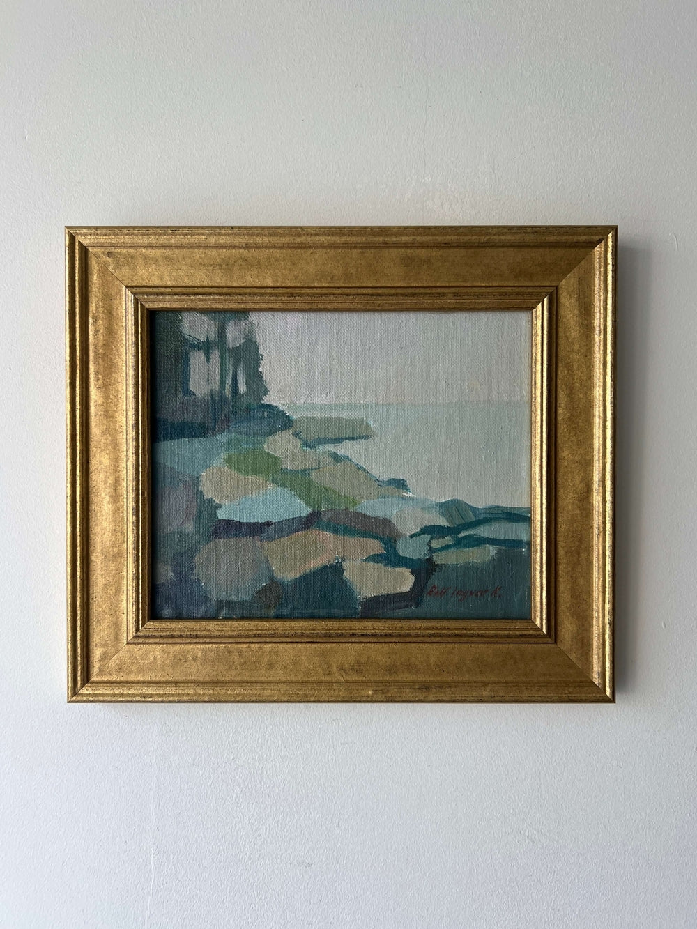 Framed semi-abstract landscape mid-century oil painting of a coastline, available at Hue.