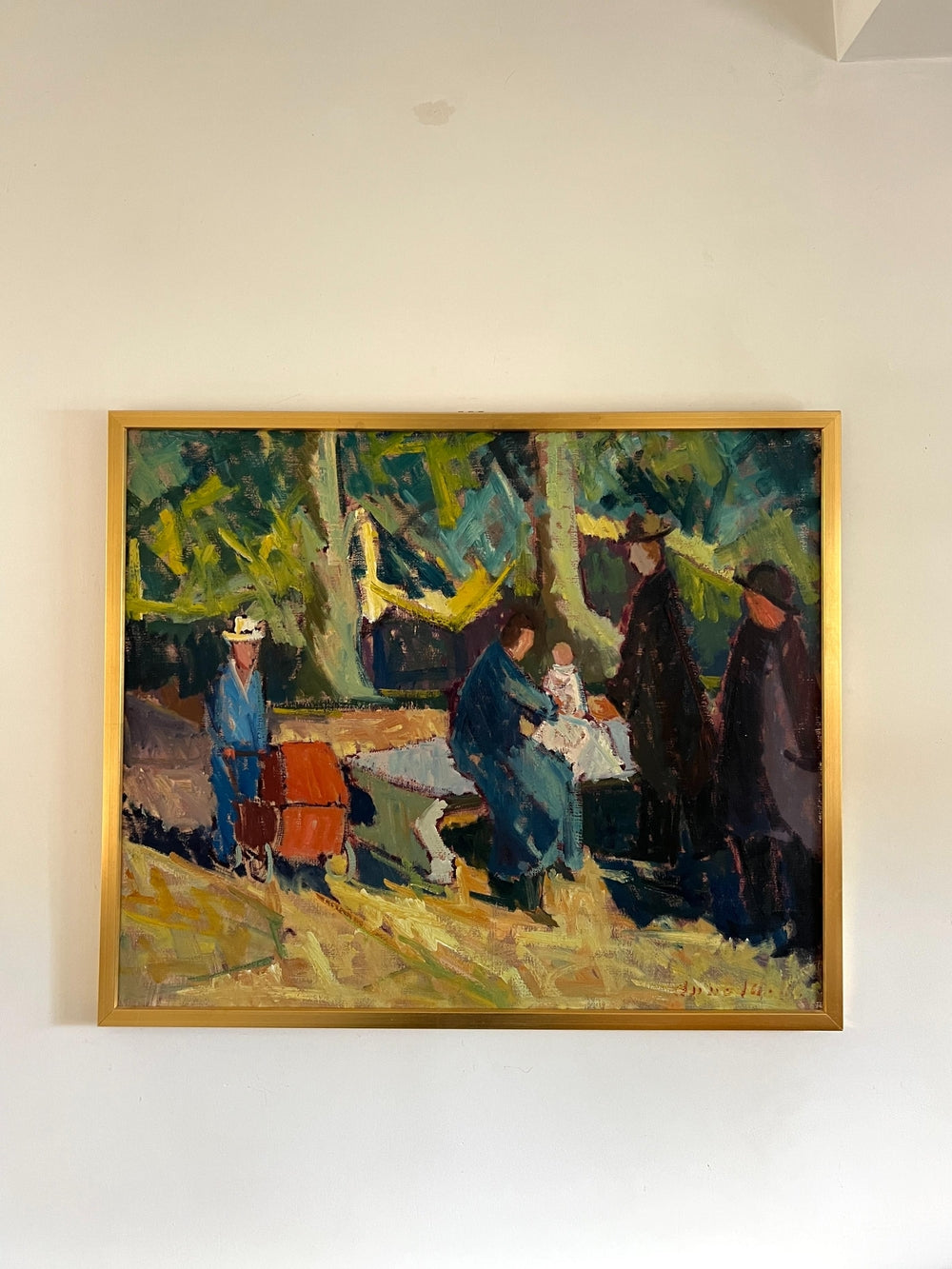 Framed vintage oil painting of a group of figures in an outdoor park setting, available at Hue.