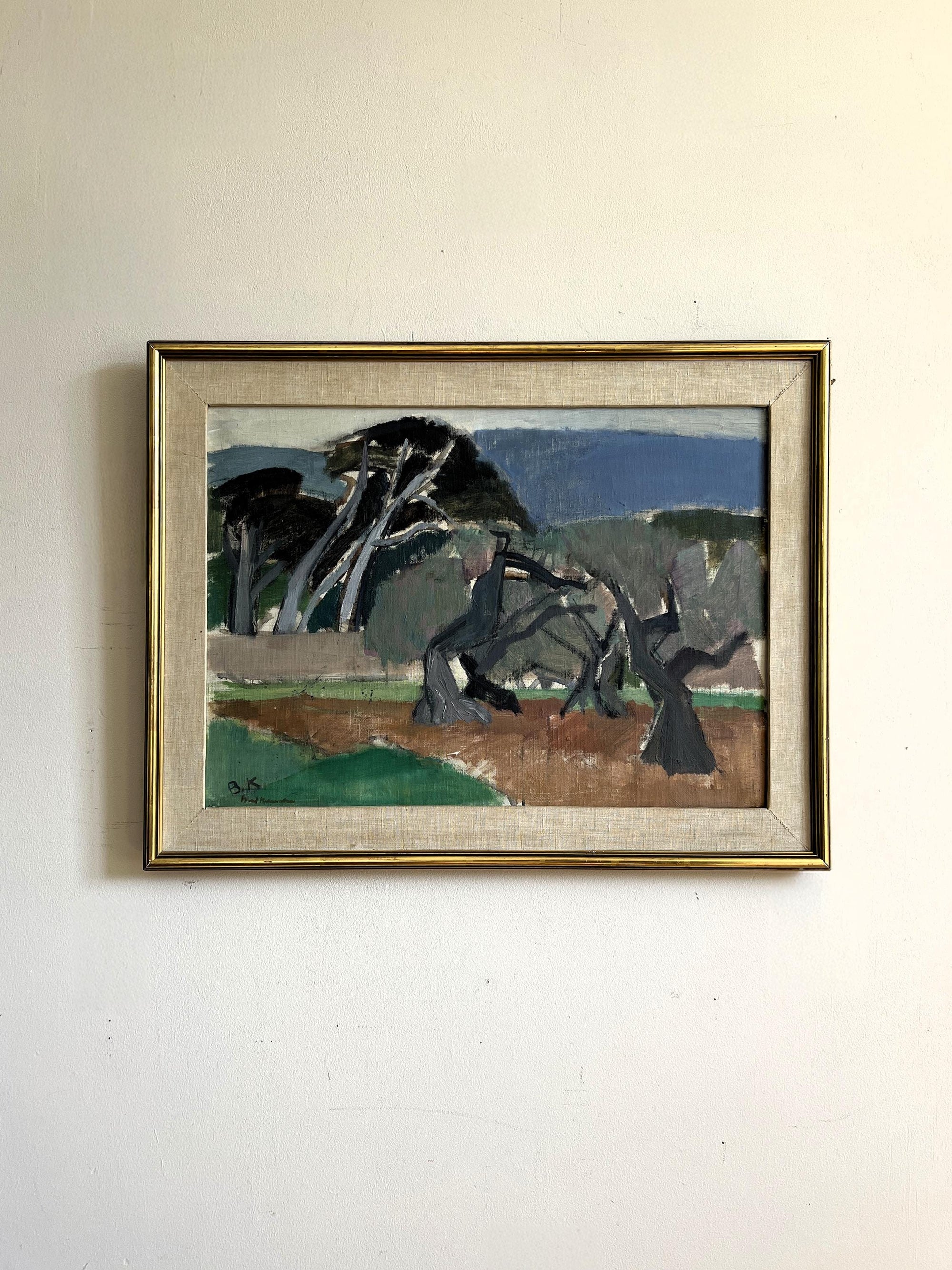 Framed vintage oil painting of a landscape with trees in a  vintage frame with linen mount, available at Hue