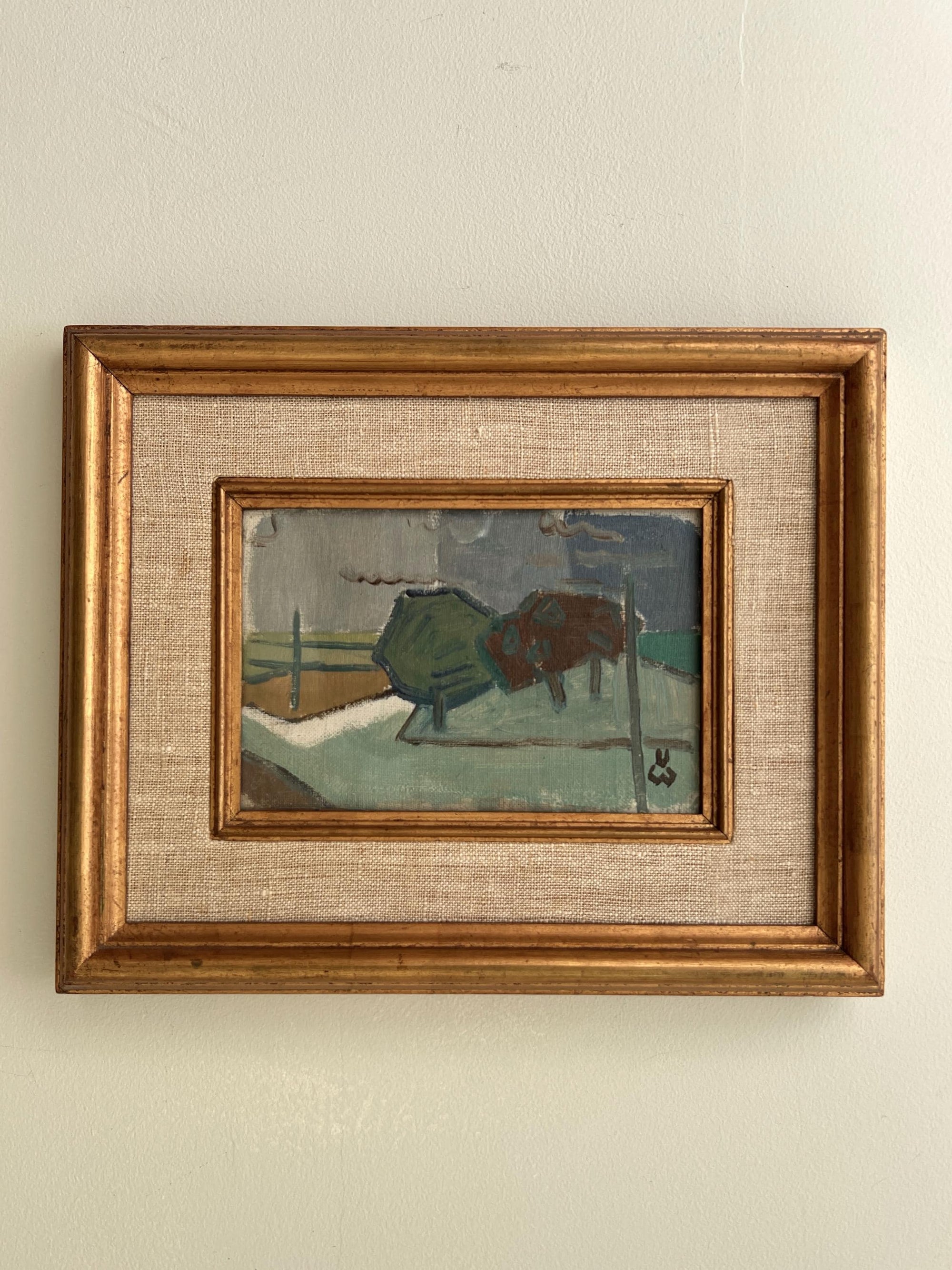 Framed vintage oil painting of a landscape with a vintage wooden frame and linen mount, available at Hue.