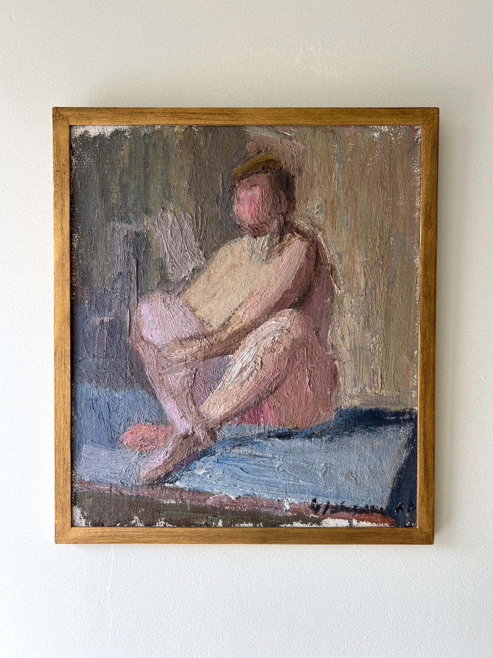 Framed vintage oil painting of a nude figure with a wooden frame, available at Hue.
