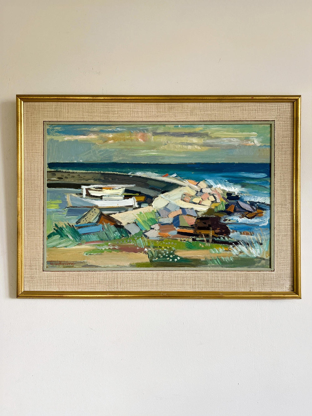 Framed painting of a semi abstract seascape in a vintage gilt frame with linen mount, available from hue