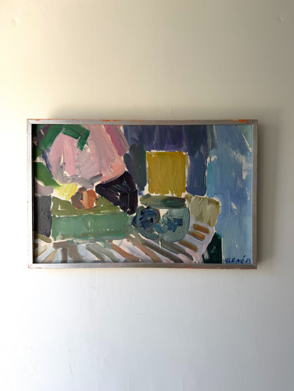 Semi-abstract still life oil painting of objects on a table. Available at Hue. 