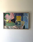 Semi-abstract still life oil painting of objects on a table. Available at Hue. 