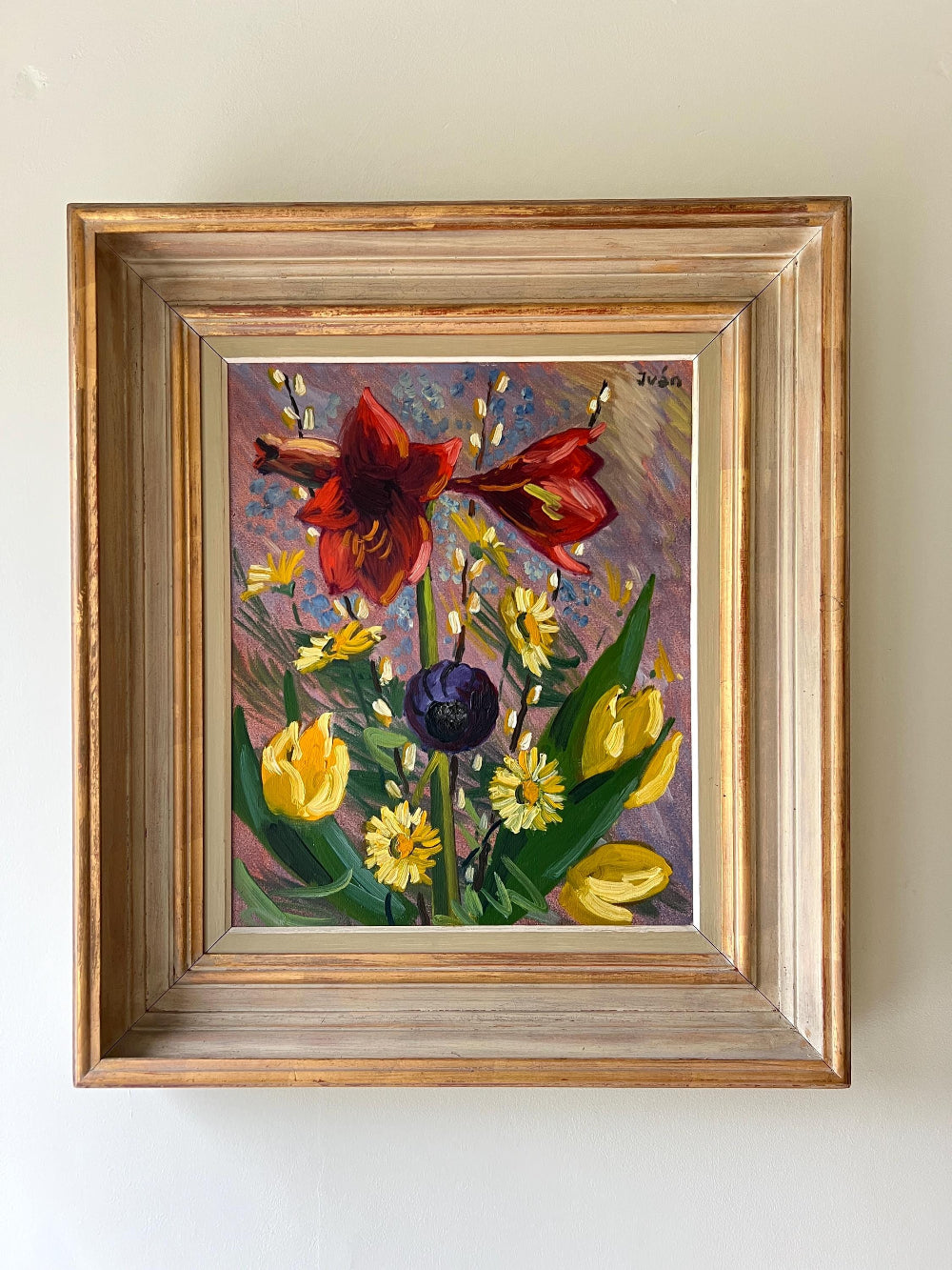 Framed still-life oil painting of amaryllis and pussywillow flowers in a  vintage frame, available at Hue
