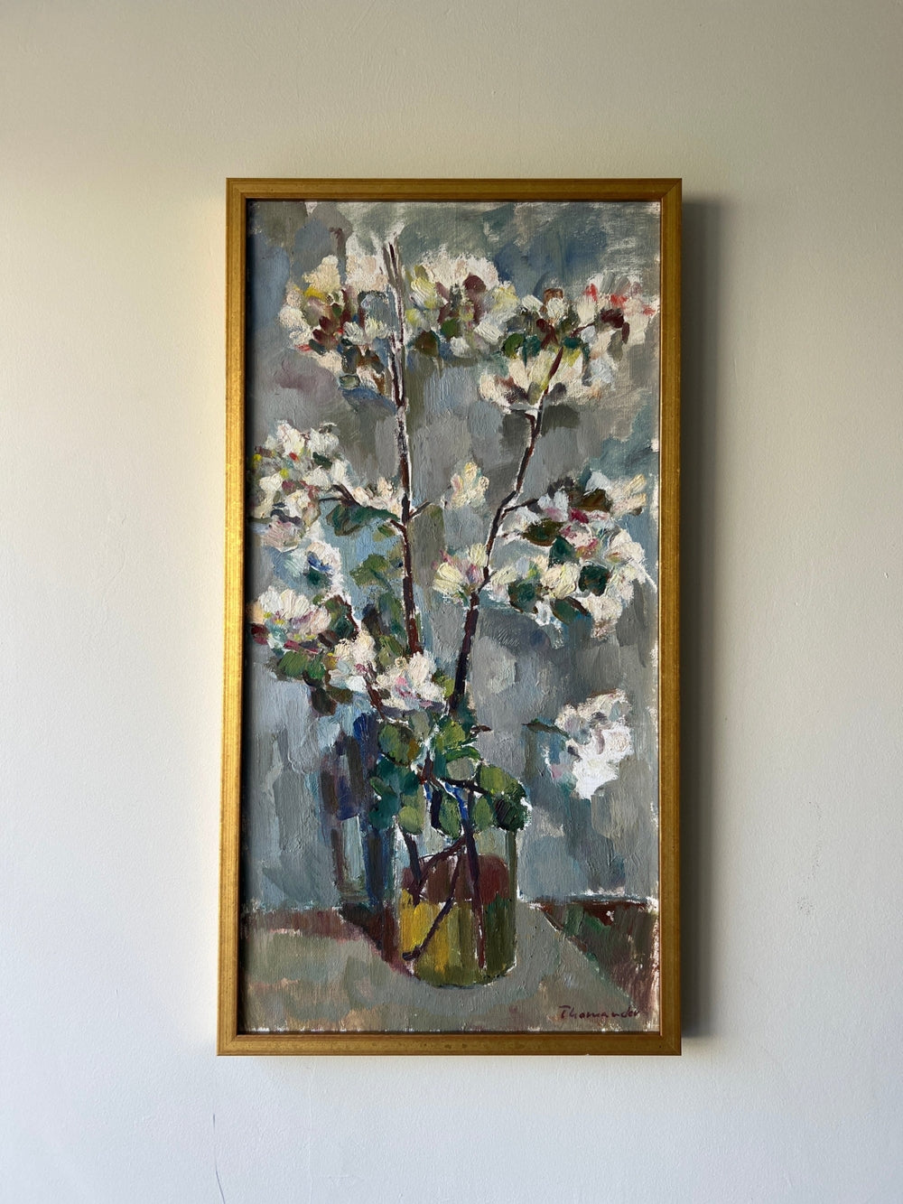 Framed vintage oil painting of white apple blossom flowers, available at Hue.