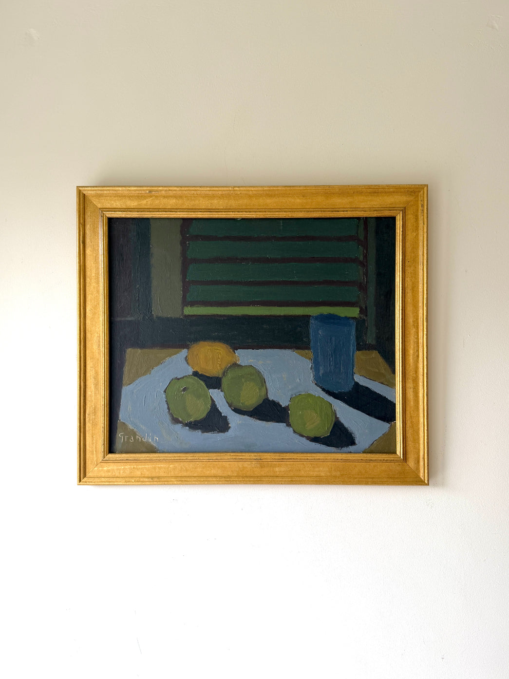 Framed vinatge oil painting of still life with lemons, limes and a glass. Available at Hue. 