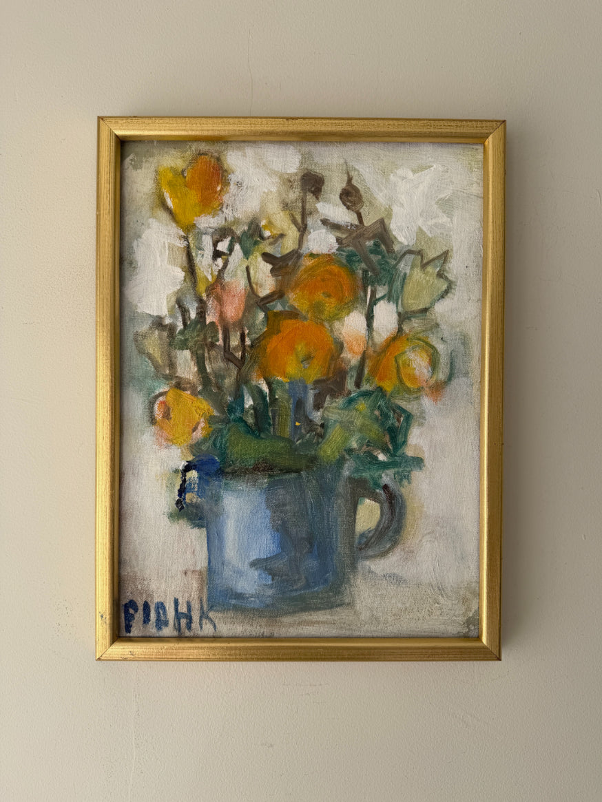Framed vintage oil painting of yellow and orange flowers in a blue vase. Avaialable at Hue. 